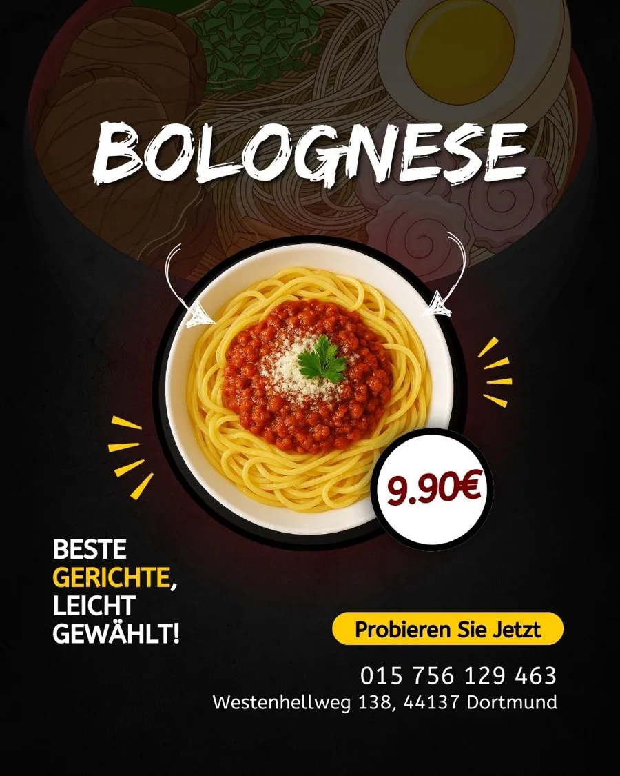 Pito-Aushang: Pasta Bolognese 9,90 €