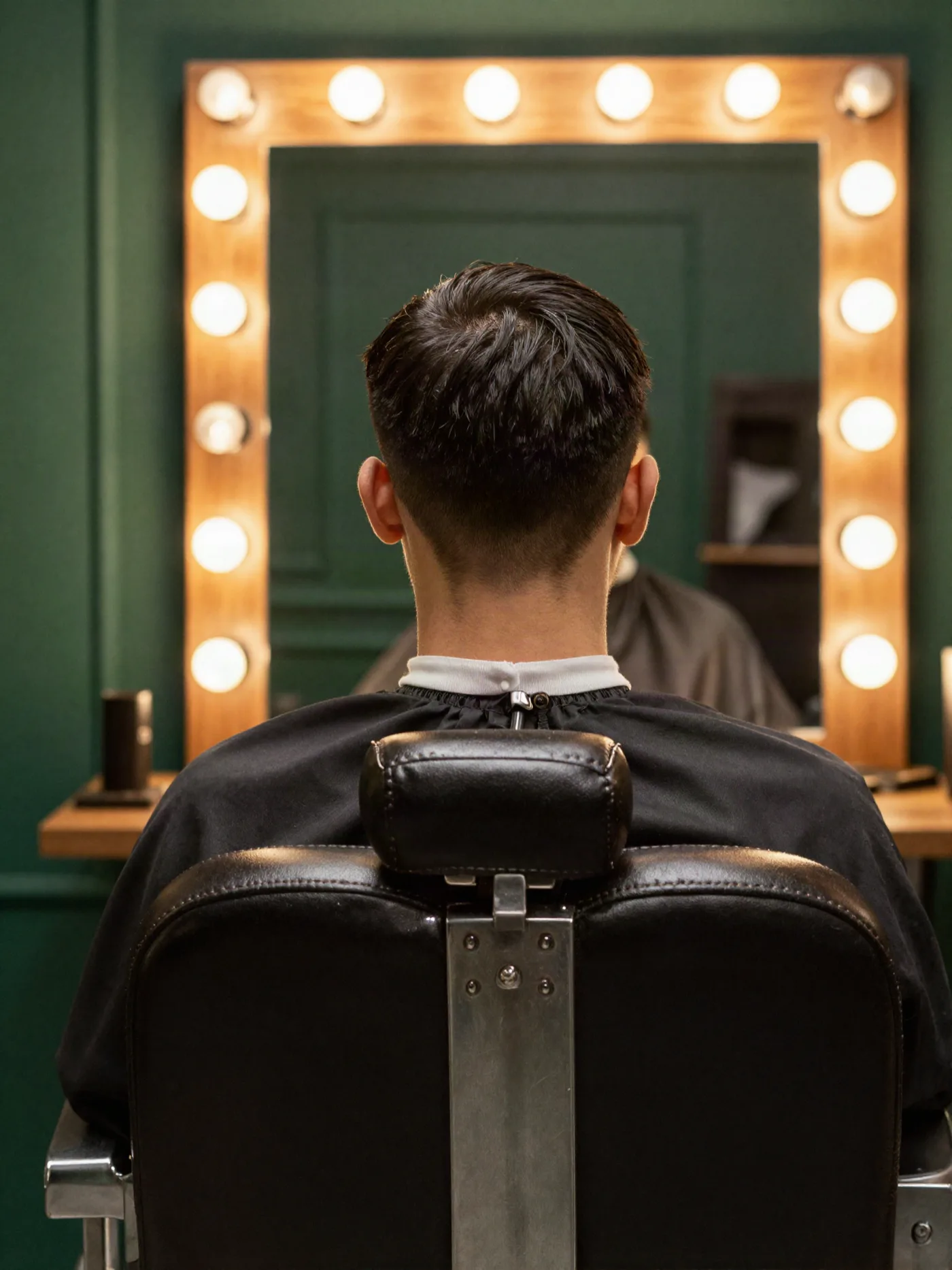 Kunde im Barberstuhl vor dem beleuchteten Spiegel, frisch geschnittener Nacken sichtbar